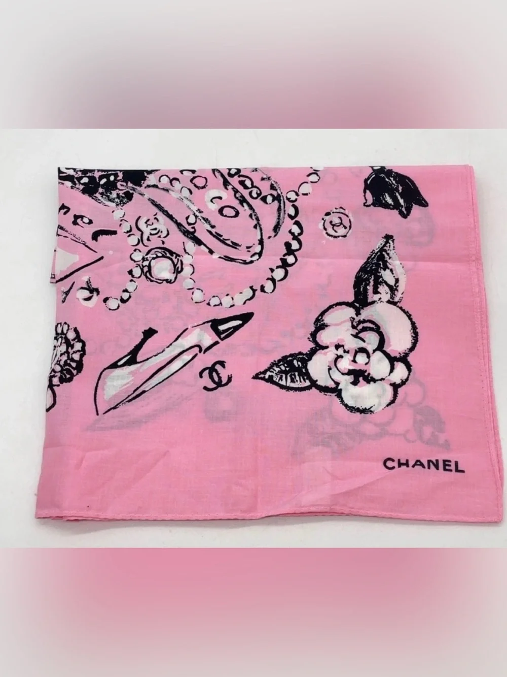 CHANEL 93P Pink Cotton Scarf Camellia Pearls Bows Classic Flap Bag Sketch Motifs